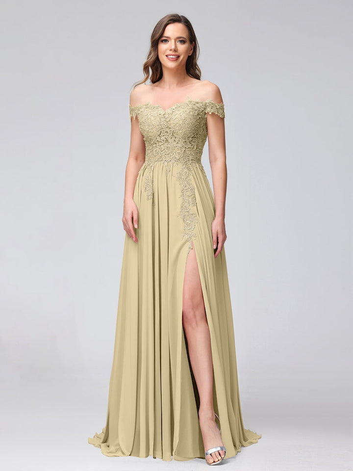 Ligne A/Princesse Hors de l'épaule Sans Manches Long Robes de Demoiselle d'Honneur avec Côté Divisé & Appliqued