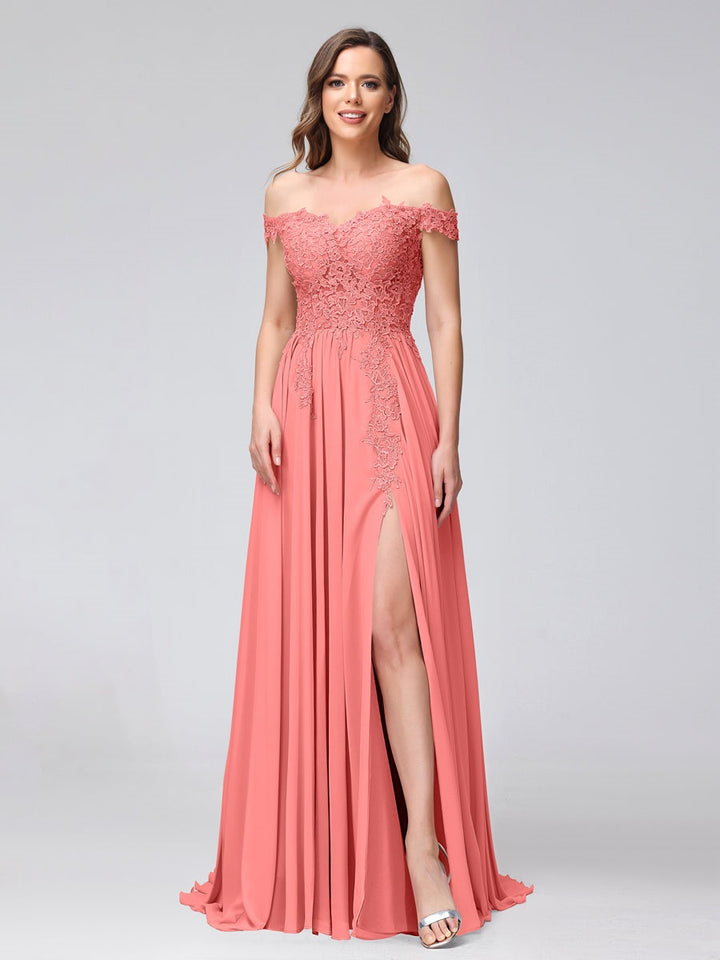 Ligne A/Princesse Hors de l'épaule Sans Manches Long Robes de Demoiselle d'Honneur avec Côté Divisé & Appliqued