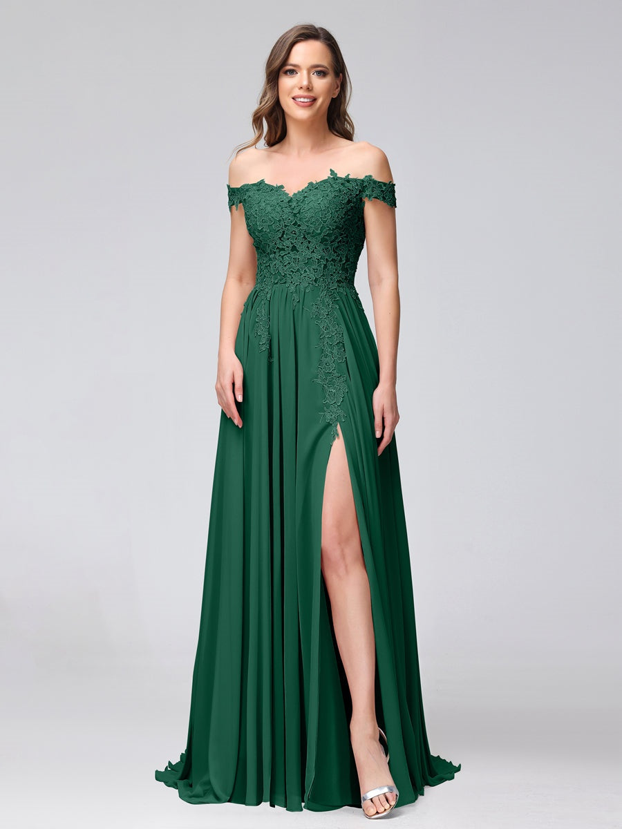 Ligne A/Princesse Hors de l'épaule Sans Manches Long Robes de Demoiselle d'Honneur avec Côté Divisé & Appliqued