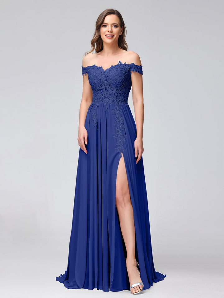 Ligne A/Princesse Hors de l'épaule Sans Manches Long Robes de Demoiselle d'Honneur avec Côté Divisé & Appliqued