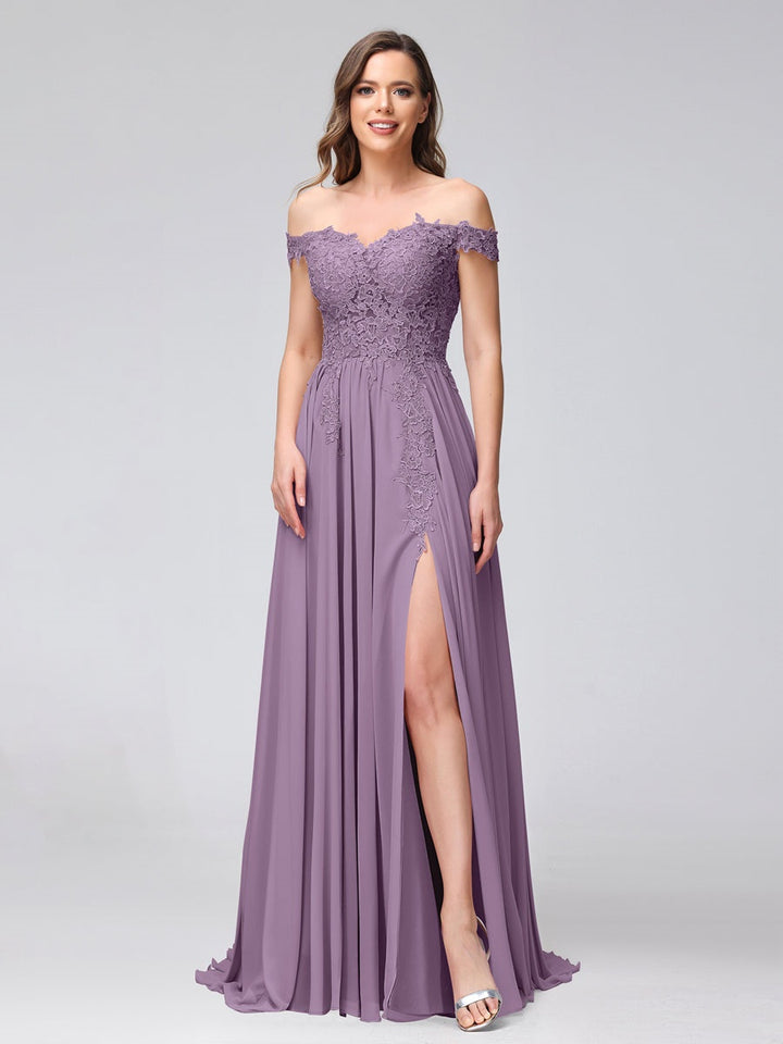 Ligne A/Princesse Hors de l'épaule Sans Manches Long Robes de Demoiselle d'Honneur avec Côté Divisé & Appliqued