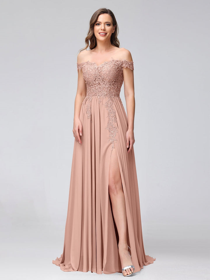 Ligne A/Princesse Hors de l'épaule Sans Manches Long Robes de Demoiselle d'Honneur avec Côté Divisé & Appliqued