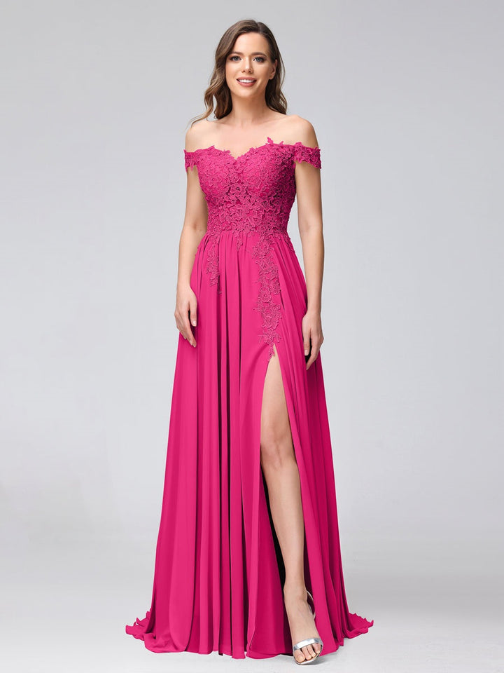 Ligne A/Princesse Hors de l'épaule Sans Manches Long Robes de Demoiselle d'Honneur avec Côté Divisé & Appliqued