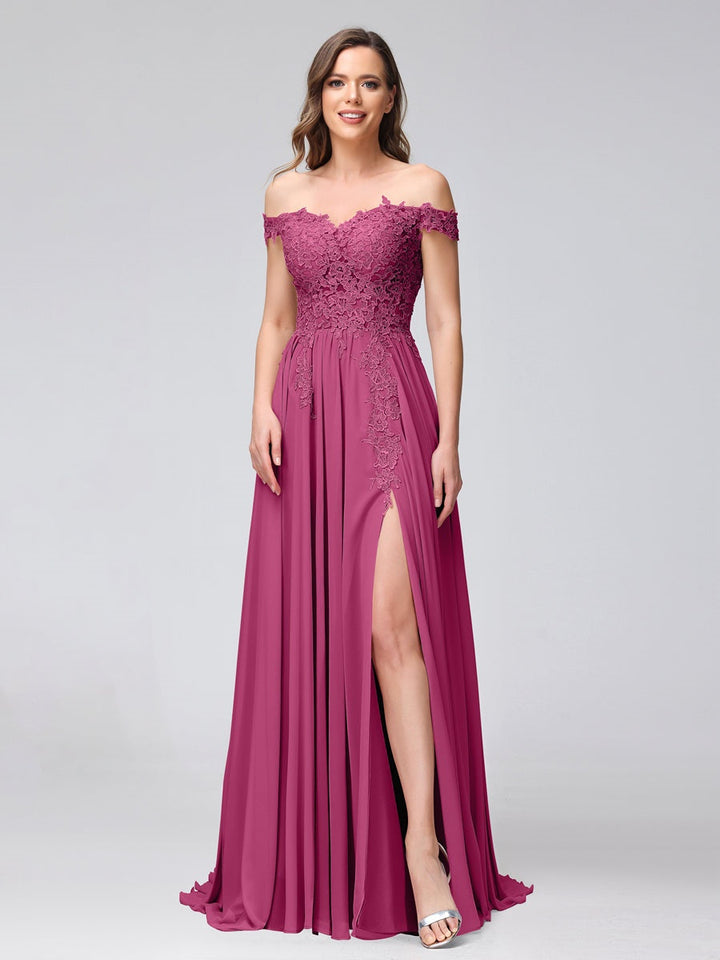 Ligne A/Princesse Hors de l'épaule Sans Manches Long Robes de Demoiselle d'Honneur avec Côté Divisé & Appliqued