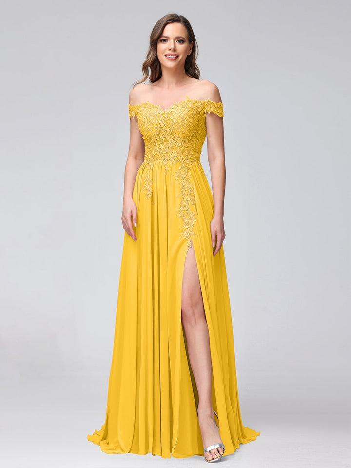 Ligne A/Princesse Hors de l'épaule Sans Manches Long Robes de Demoiselle d'Honneur avec Côté Divisé & Appliqued