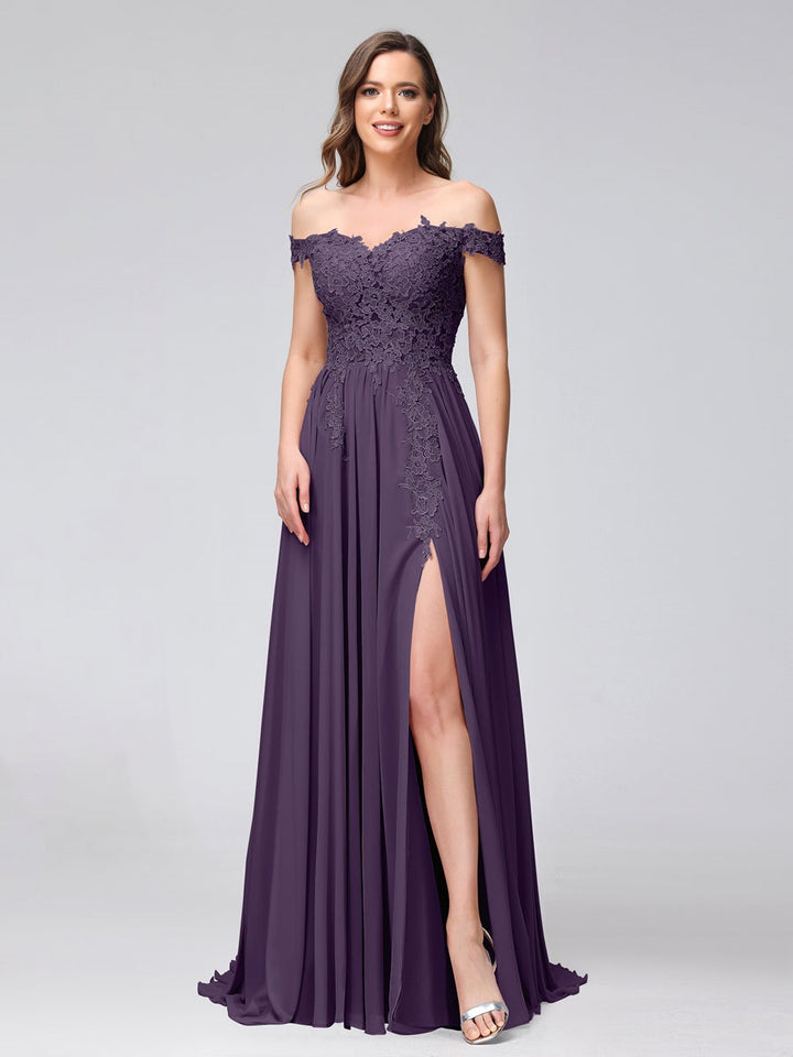 Ligne A/Princesse Hors de l'épaule Sans Manches Long Robes de Demoiselle d'Honneur avec Côté Divisé & Appliqued