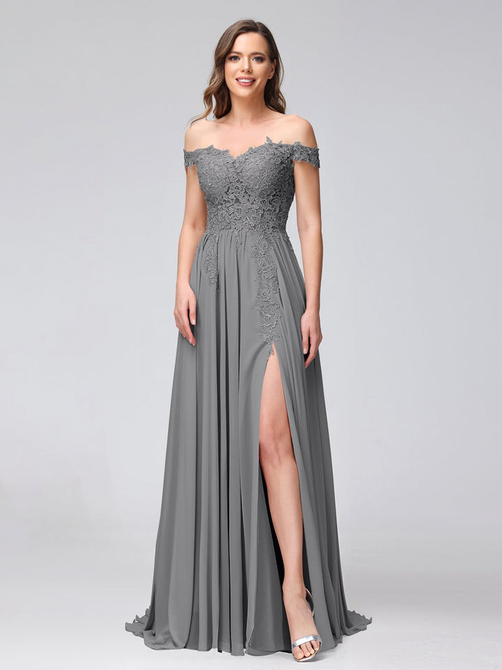 Ligne A/Princesse Hors de l'épaule Sans Manches Long Robes de Demoiselle d'Honneur avec Côté Divisé & Appliqued