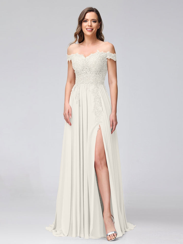 Ligne A/Princesse Hors de l'épaule Sans Manches Long Robes de Demoiselle d'Honneur avec Côté Divisé & Appliqued