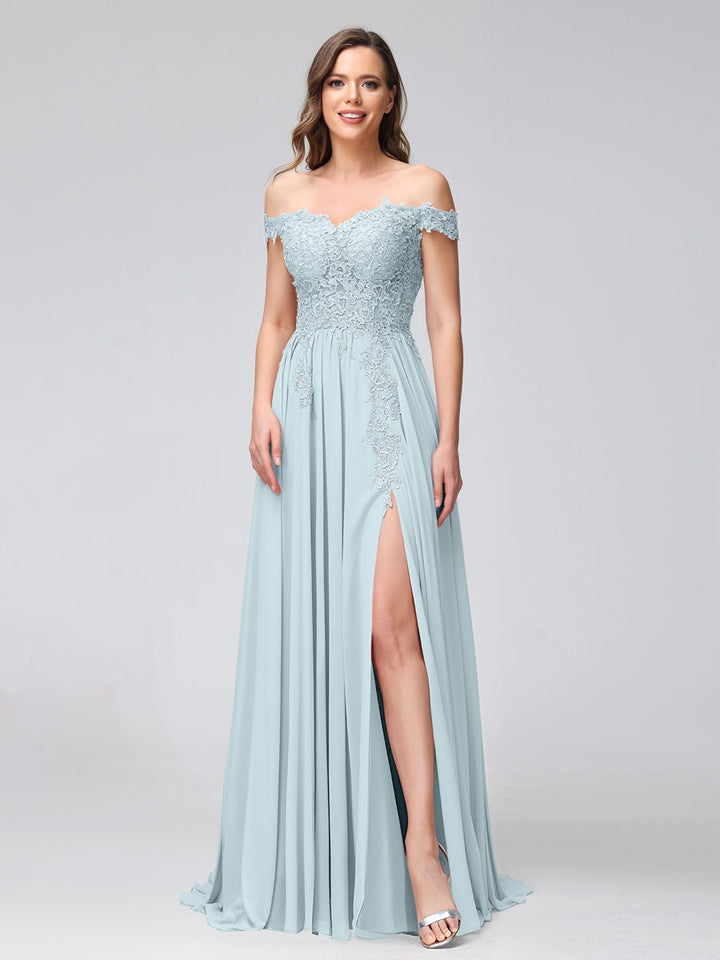 Ligne A/Princesse Hors de l'épaule Sans Manches Long Robes de Demoiselle d'Honneur avec Côté Divisé & Appliqued