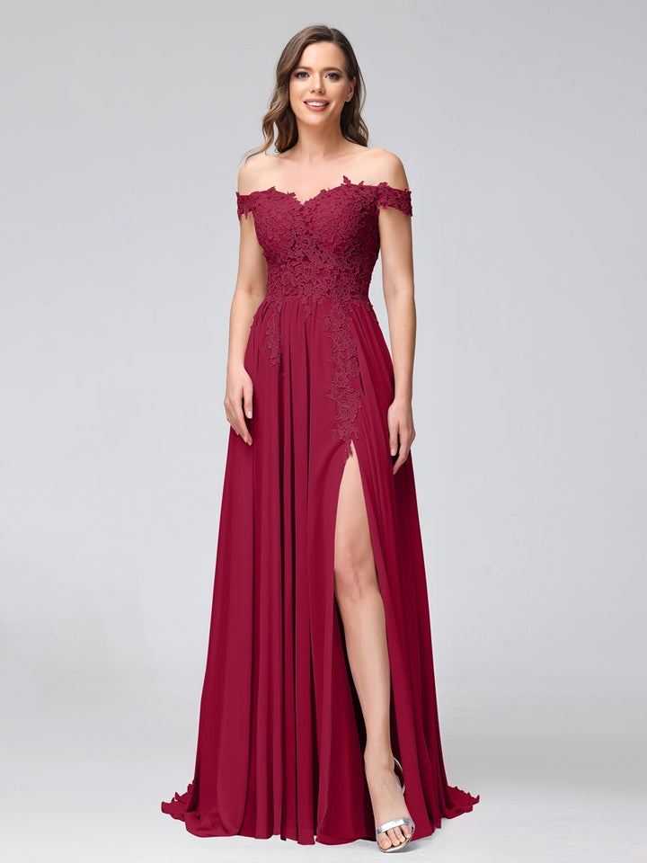 Ligne A/Princesse Hors de l'épaule Sans Manches Long Robes de Demoiselle d'Honneur avec Côté Divisé & Appliqued