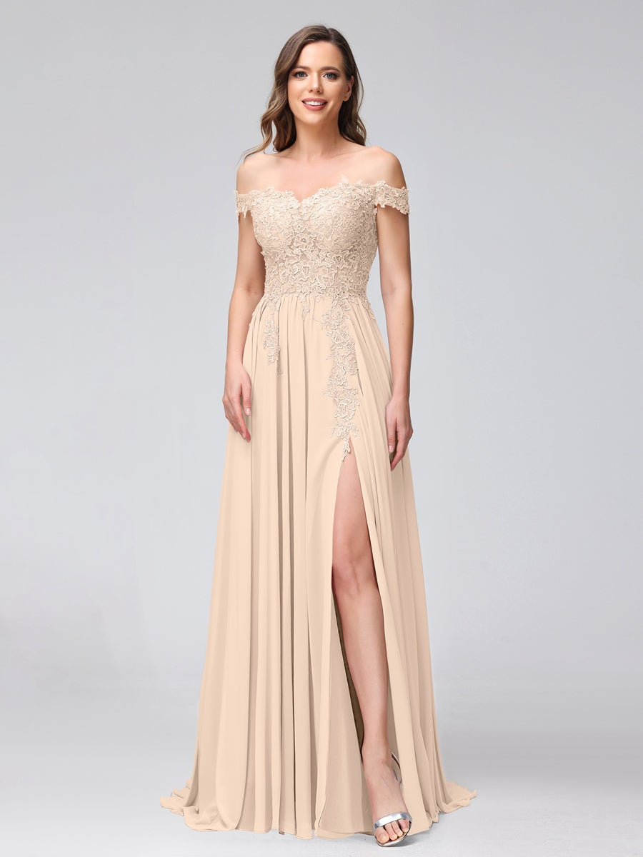 Ligne A/Princesse Hors de l'épaule Sans Manches Long Robes de Demoiselle d'Honneur avec Côté Divisé & Appliqued