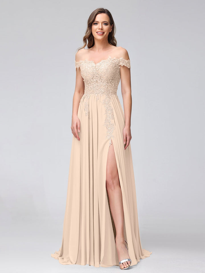 Ligne A/Princesse Hors de l'épaule Sans Manches Long Robes de Demoiselle d'Honneur avec Côté Divisé & Appliqued