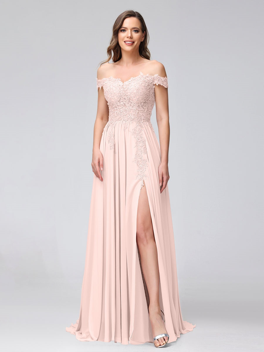 Ligne A/Princesse Hors de l'épaule Sans Manches Long Robes de Demoiselle d'Honneur avec Côté Divisé & Appliqued