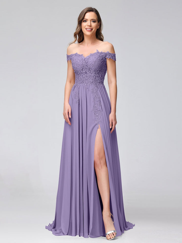 Ligne A/Princesse Hors de l'épaule Sans Manches Long Robes de Demoiselle d'Honneur avec Côté Divisé & Appliqued