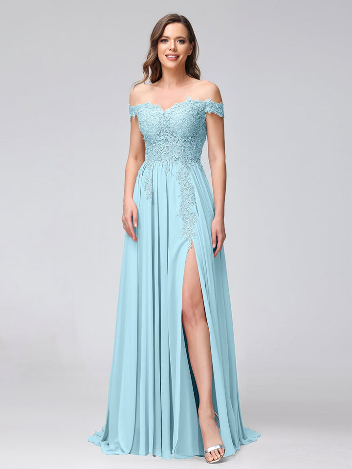 Ligne A/Princesse Hors de l'épaule Sans Manches Long Robes de Demoiselle d'Honneur avec Côté Divisé & Appliqued