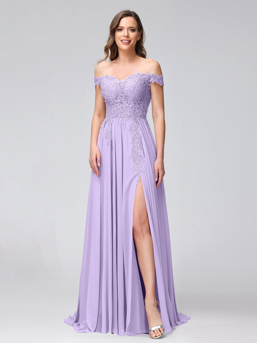 Ligne A/Princesse Hors de l'épaule Sans Manches Long Robes de Demoiselle d'Honneur avec Côté Divisé & Appliqued
