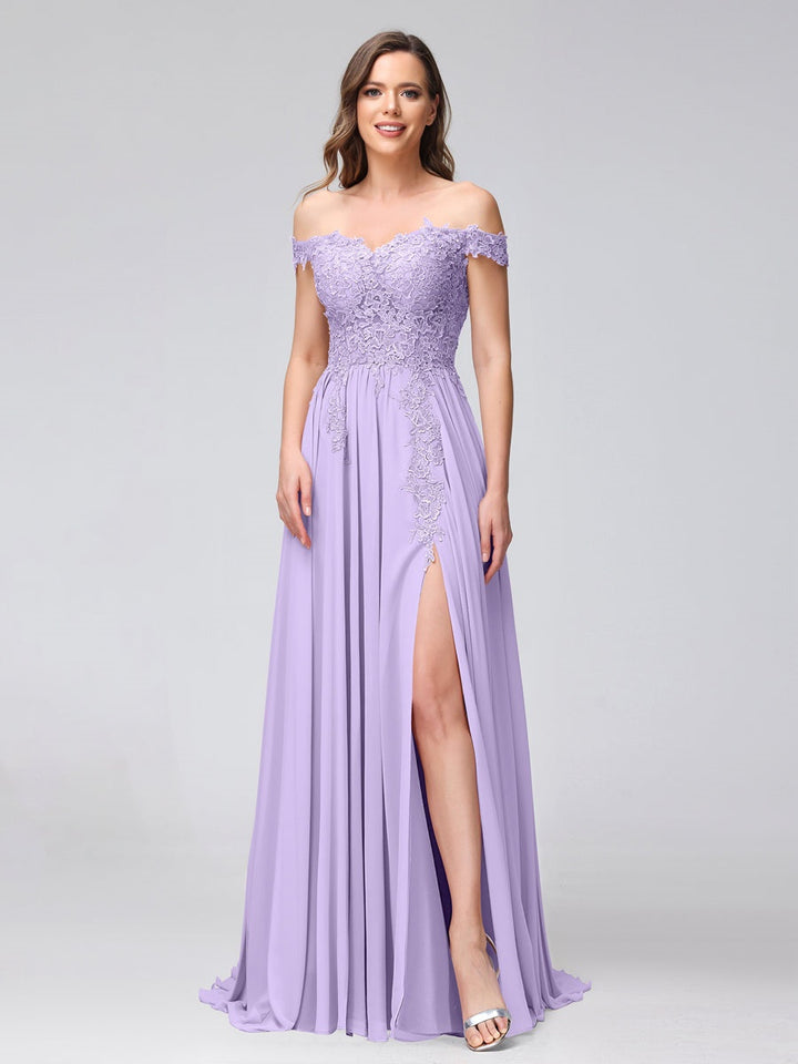 Ligne A/Princesse Hors de l'épaule Sans Manches Long Robes de Demoiselle d'Honneur avec Côté Divisé & Appliqued