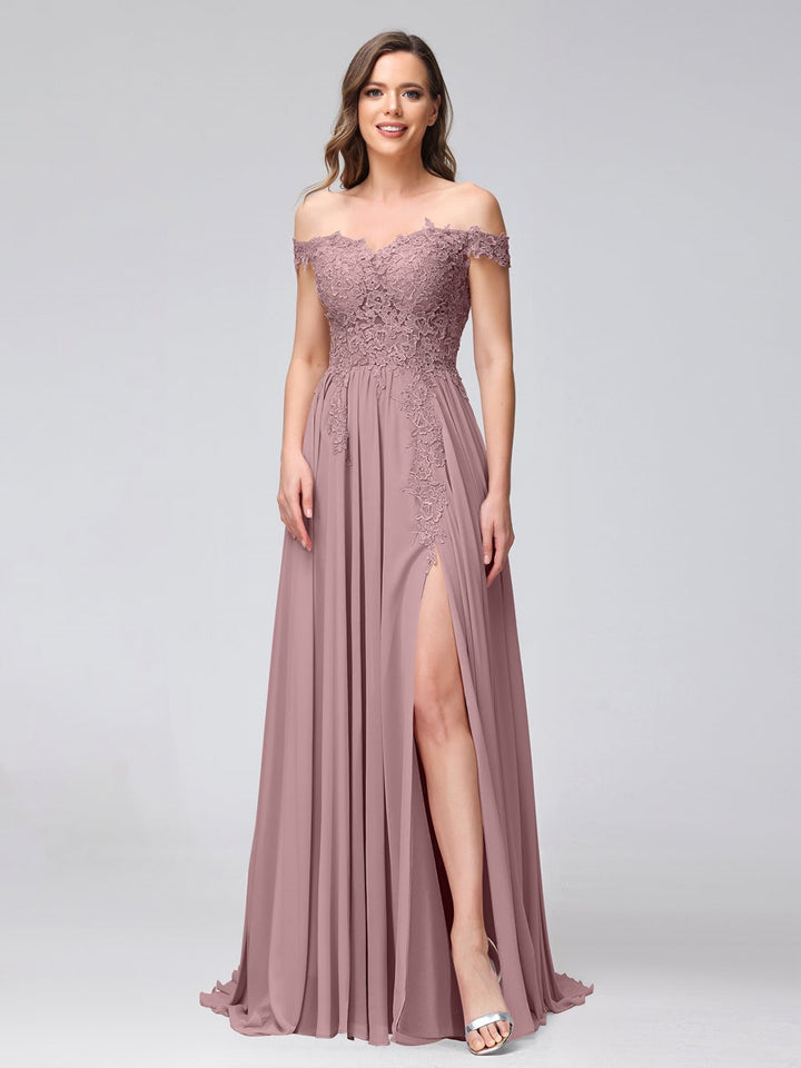 Ligne A/Princesse Hors de l'épaule Sans Manches Long Robes de Demoiselle d'Honneur avec Côté Divisé & Appliqued