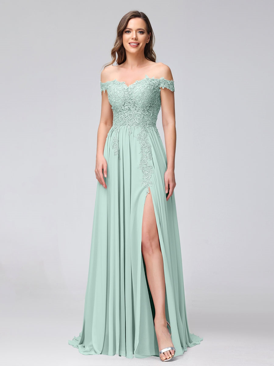 Ligne A/Princesse Hors de l'épaule Sans Manches Long Robes de Demoiselle d'Honneur avec Côté Divisé & Appliqued