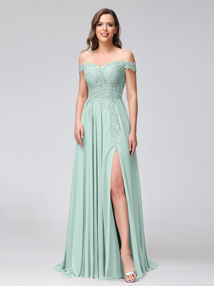 Ligne A/Princesse Hors de l'épaule Sans Manches Long Robes de Demoiselle d'Honneur avec Côté Divisé & Appliqued