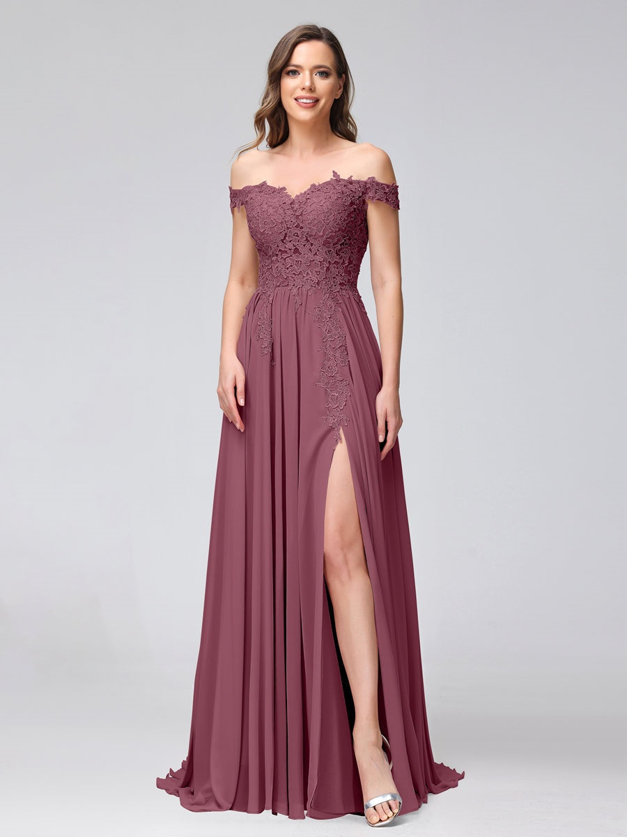 Ligne A/Princesse Hors de l'épaule Sans Manches Long Robes de Demoiselle d'Honneur avec Côté Divisé & Appliqued