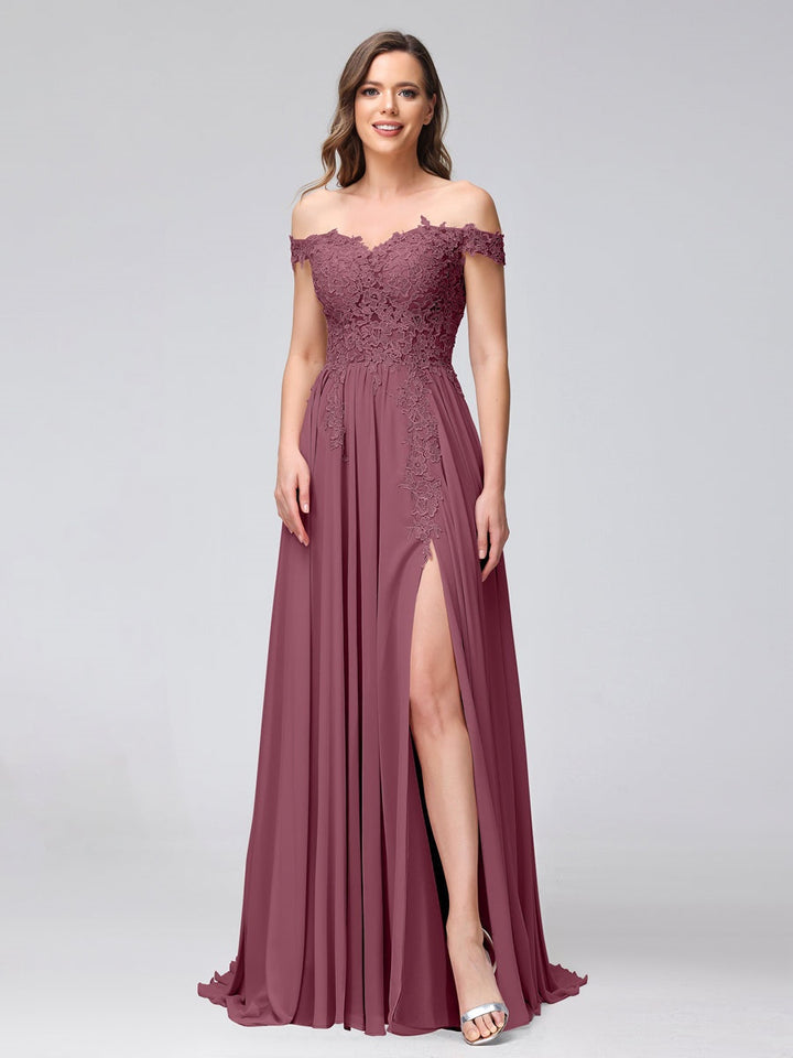Ligne A/Princesse Hors de l'épaule Sans Manches Long Robes de Demoiselle d'Honneur avec Côté Divisé & Appliqued