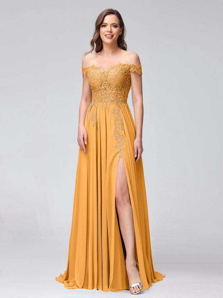Ligne A/Princesse Hors de l'épaule Sans Manches Long Robes de Demoiselle d'Honneur avec Côté Divisé & Appliqued