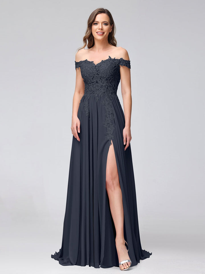Ligne A/Princesse Hors de l'épaule Sans Manches Long Robes de Demoiselle d'Honneur avec Côté Divisé & Appliqued