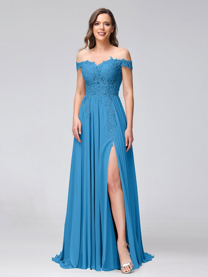 Ligne A/Princesse Hors de l'épaule Sans Manches Long Robes de Demoiselle d'Honneur avec Côté Divisé & Appliqued