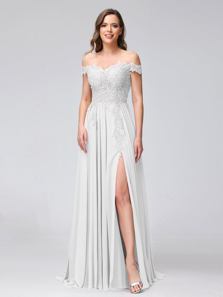 Ligne A/Princesse Hors de l'épaule Sans Manches Long Robes de Demoiselle d'Honneur avec Côté Divisé & Appliqued