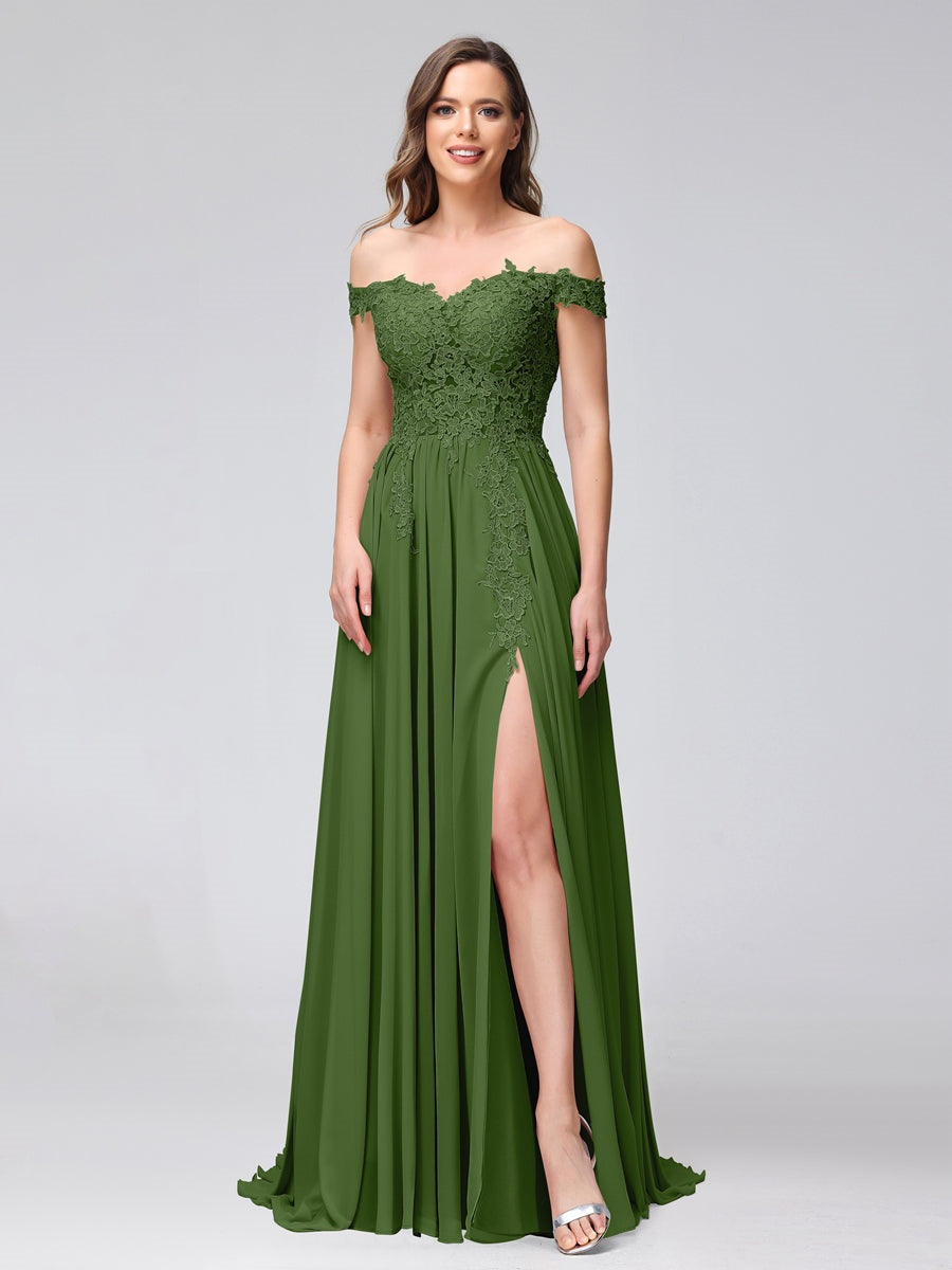Ligne A/Princesse Hors de l'épaule Sans Manches Long Robes de Demoiselle d'Honneur avec Côté Divisé & Appliqued