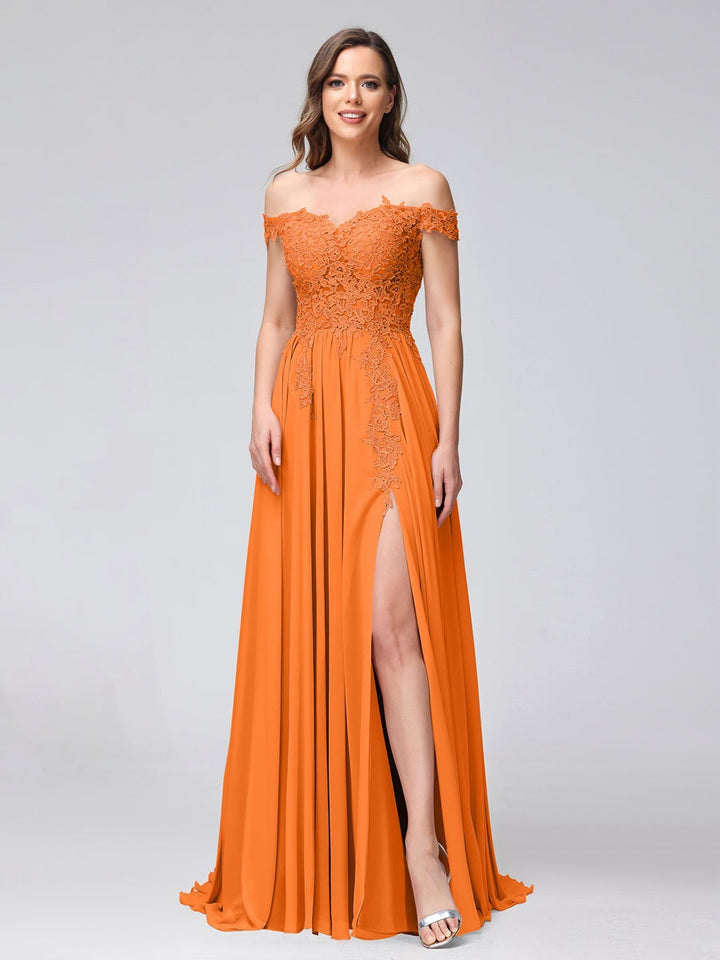 Ligne A/Princesse Hors de l'épaule Sans Manches Long Robes de Demoiselle d'Honneur avec Côté Divisé & Appliqued