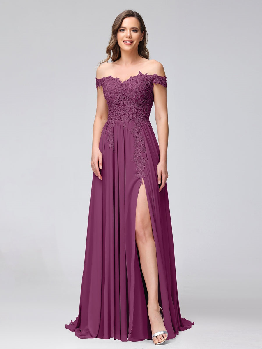Ligne A/Princesse Hors de l'épaule Sans Manches Long Robes de Demoiselle d'Honneur avec Côté Divisé & Appliqued