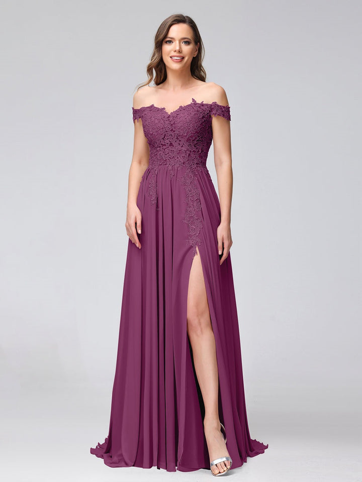 Ligne A/Princesse Hors de l'épaule Sans Manches Long Robes de Demoiselle d'Honneur avec Côté Divisé & Appliqued