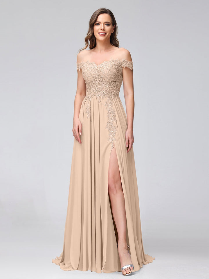 Ligne A/Princesse Hors de l'épaule Sans Manches Long Robes de Demoiselle d'Honneur avec Côté Divisé & Appliqued