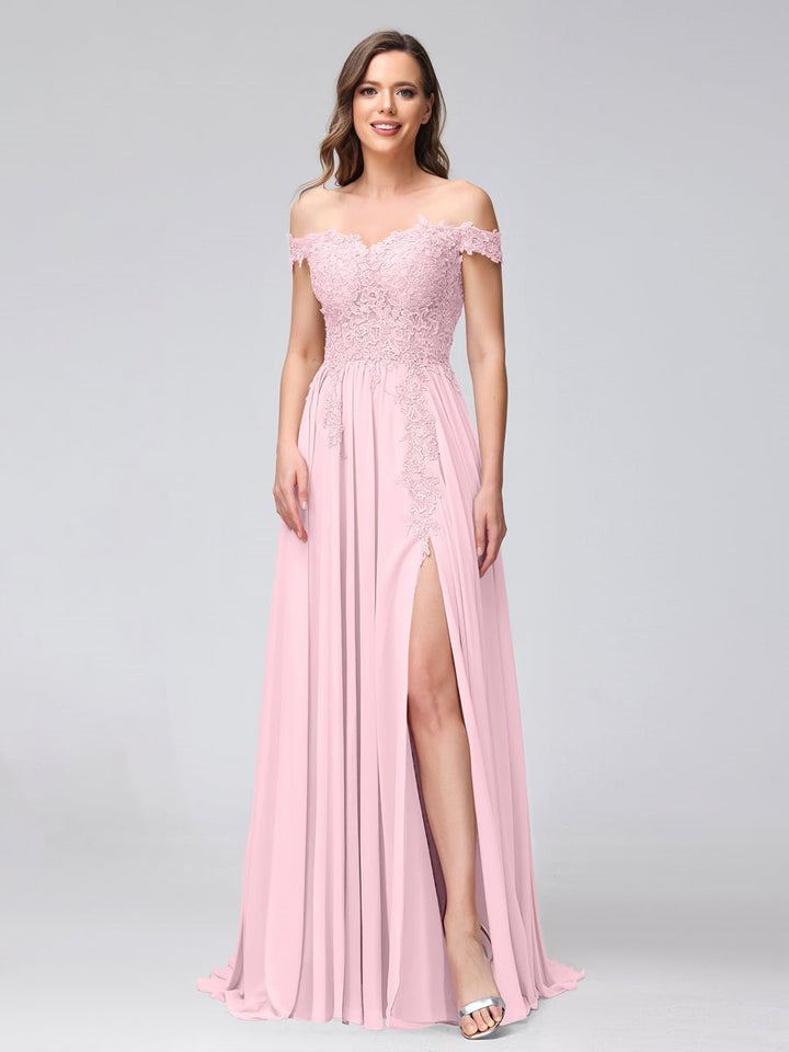 Ligne A/Princesse Hors de l'épaule Sans Manches Long Robes de Demoiselle d'Honneur avec Côté Divisé & Appliqued