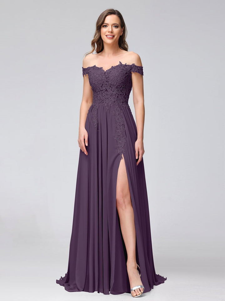 Ligne A/Princesse Hors de l'épaule Sans Manches Long Robes de Demoiselle d'Honneur avec Côté Divisé & Appliqued