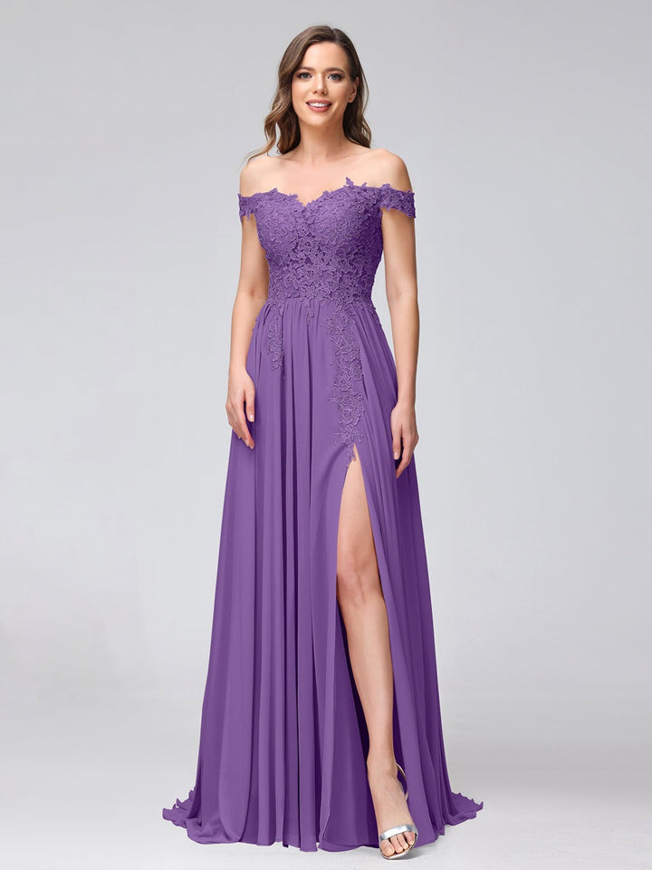 Ligne A/Princesse Hors de l'épaule Sans Manches Long Robes de Demoiselle d'Honneur avec Côté Divisé & Appliqued