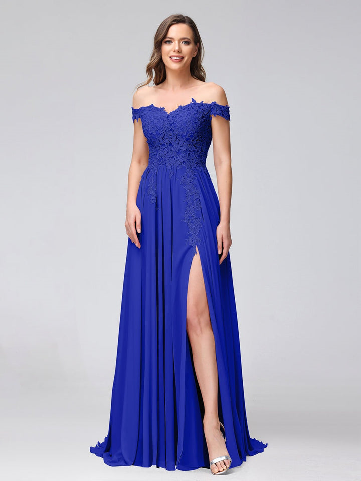 Ligne A/Princesse Hors de l'épaule Sans Manches Long Robes de Demoiselle d'Honneur avec Côté Divisé & Appliqued