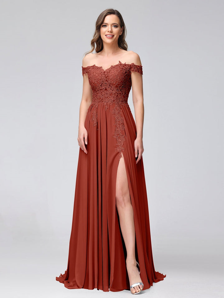 Ligne A/Princesse Hors de l'épaule Sans Manches Long Robes de Demoiselle d'Honneur avec Côté Divisé & Appliqued