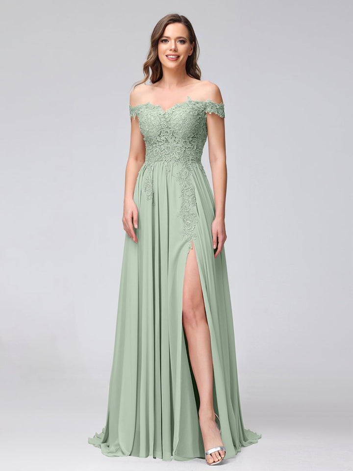 Ligne A/Princesse Hors de l'épaule Sans Manches Long Robes de Demoiselle d'Honneur avec Côté Divisé & Appliqued