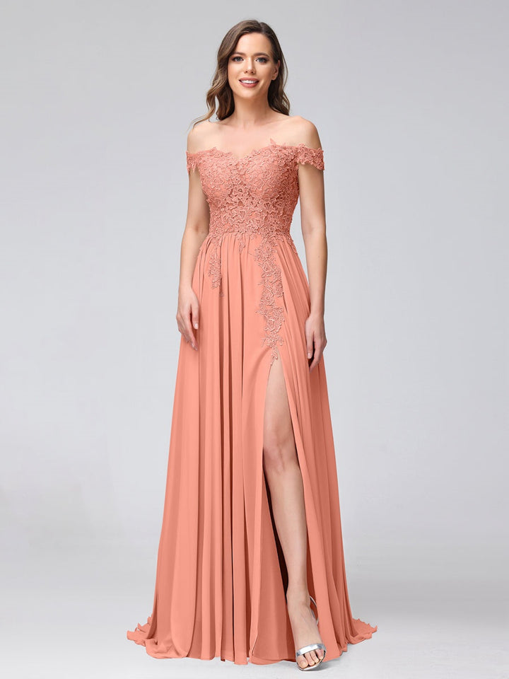 Ligne A/Princesse Hors de l'épaule Sans Manches Long Robes de Demoiselle d'Honneur avec Côté Divisé & Appliqued