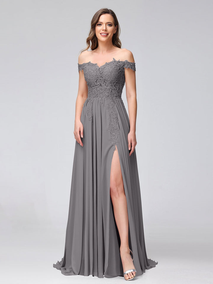 Ligne A/Princesse Hors de l'épaule Sans Manches Long Robes de Demoiselle d'Honneur avec Côté Divisé & Appliqued