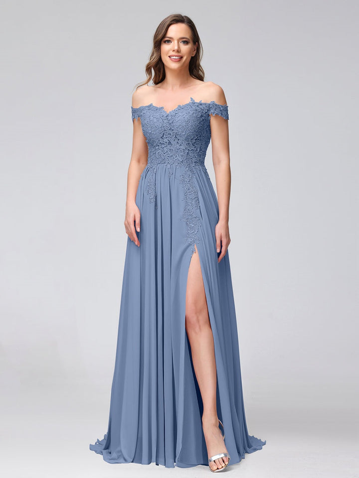 Ligne A/Princesse Hors de l'épaule Sans Manches Long Robes de Demoiselle d'Honneur avec Côté Divisé & Appliqued