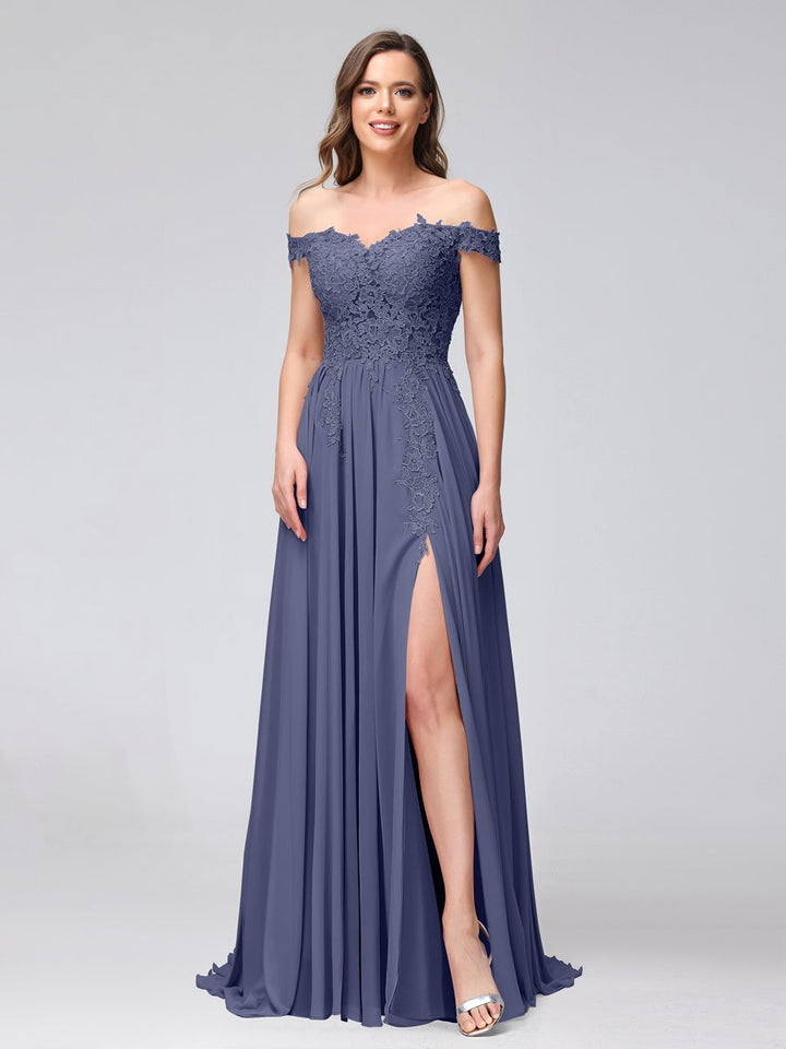 Ligne A/Princesse Hors de l'épaule Sans Manches Long Robes de Demoiselle d'Honneur avec Côté Divisé & Appliqued