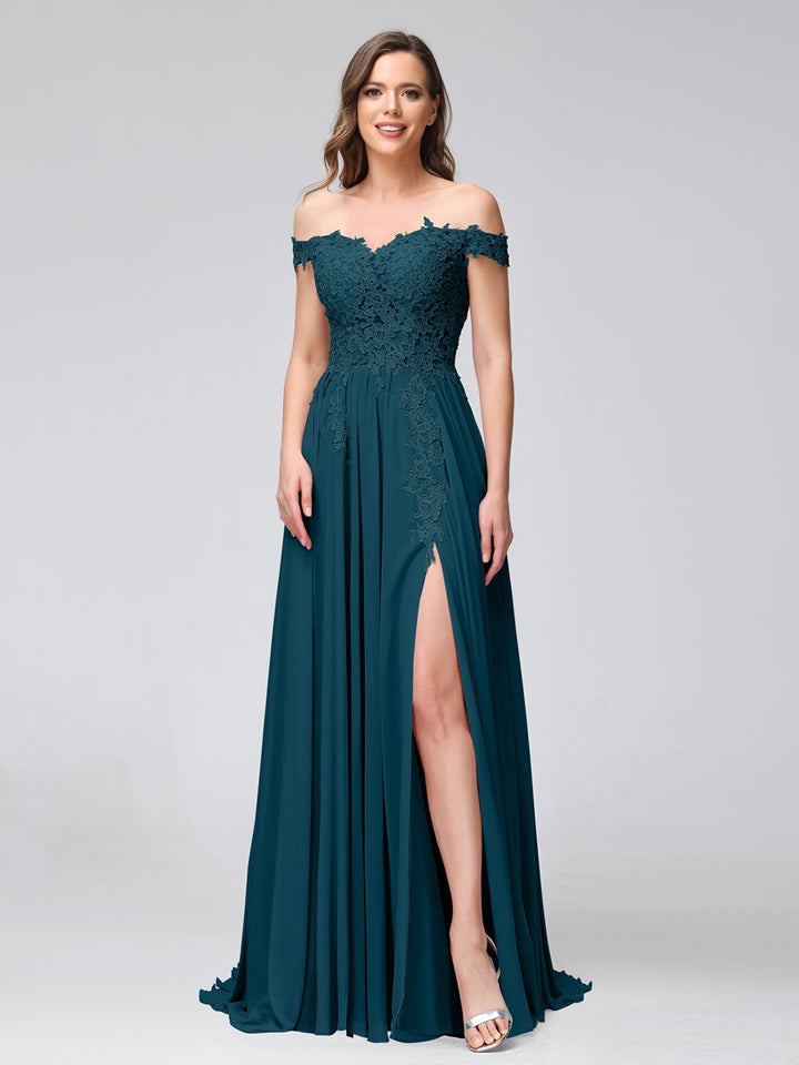 Ligne A/Princesse Hors de l'épaule Sans Manches Long Robes de Demoiselle d'Honneur avec Côté Divisé & Appliqued