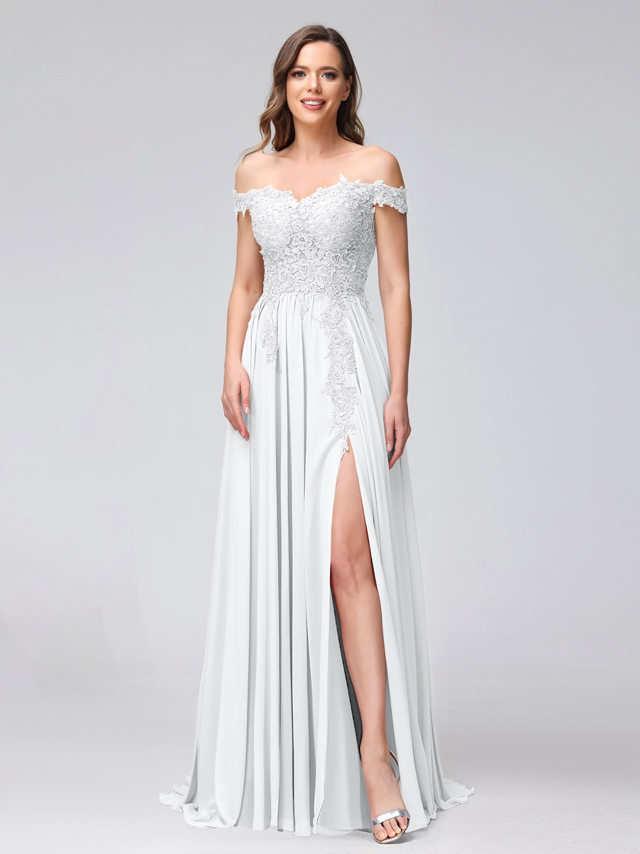 Ligne A/Princesse Hors de l'épaule Sans Manches Long Robes de Demoiselle d'Honneur avec Côté Divisé & Appliqued