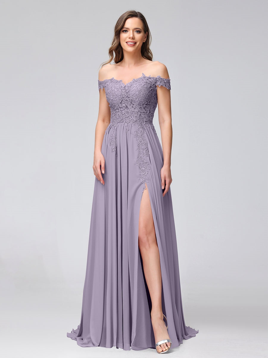 Ligne A/Princesse Hors de l'épaule Sans Manches Long Robes de Demoiselle d'Honneur avec Côté Divisé & Appliqued