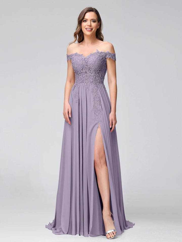 Ligne A/Princesse Hors de l'épaule Sans Manches Long Robes de Demoiselle d'Honneur avec Côté Divisé & Appliqued