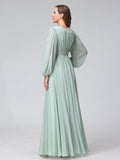 Ligne A Col en V Manches Longues Mousseline Long Robes de Demoiselle d'Honneur avec Froufrous Côté Divisé
